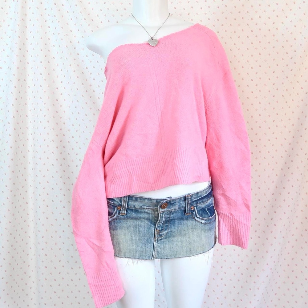 y2k hot pink cropped knit off the shoulder sweater